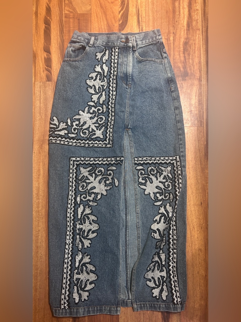 Dhruv Kapoor Embroidered Sequin Denim Maxi Slit Skirt.